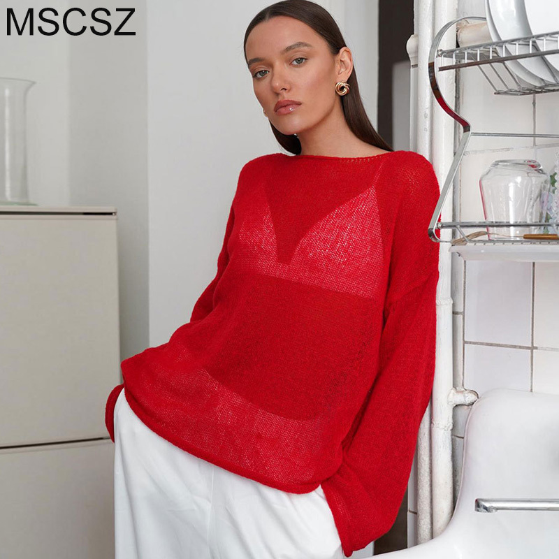 MSCSZ Women's Oversize Sweater 2024 Trend Transparent Knitted Sweater Autumn Cozy Sweaters Pullover O-Neck Long Sleeve Tops Red