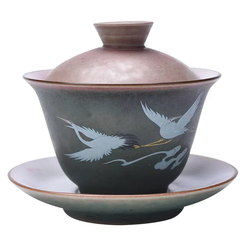 Retro Huancai Kiln Changing Crane Covered Bowl Creative Ceramic Household Tea Bowl Kung Fu Tea Set Bubble