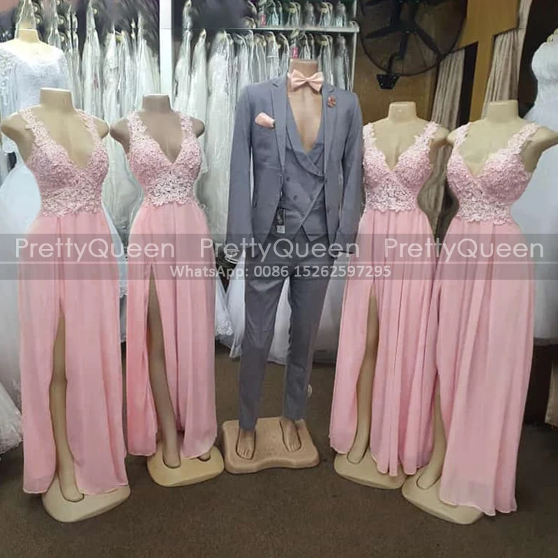 

Pink Lace Appliques Bridesmaid Dresses A Line Side Split Long Plunging Neck Wedding Party Dress Maid Of Honor