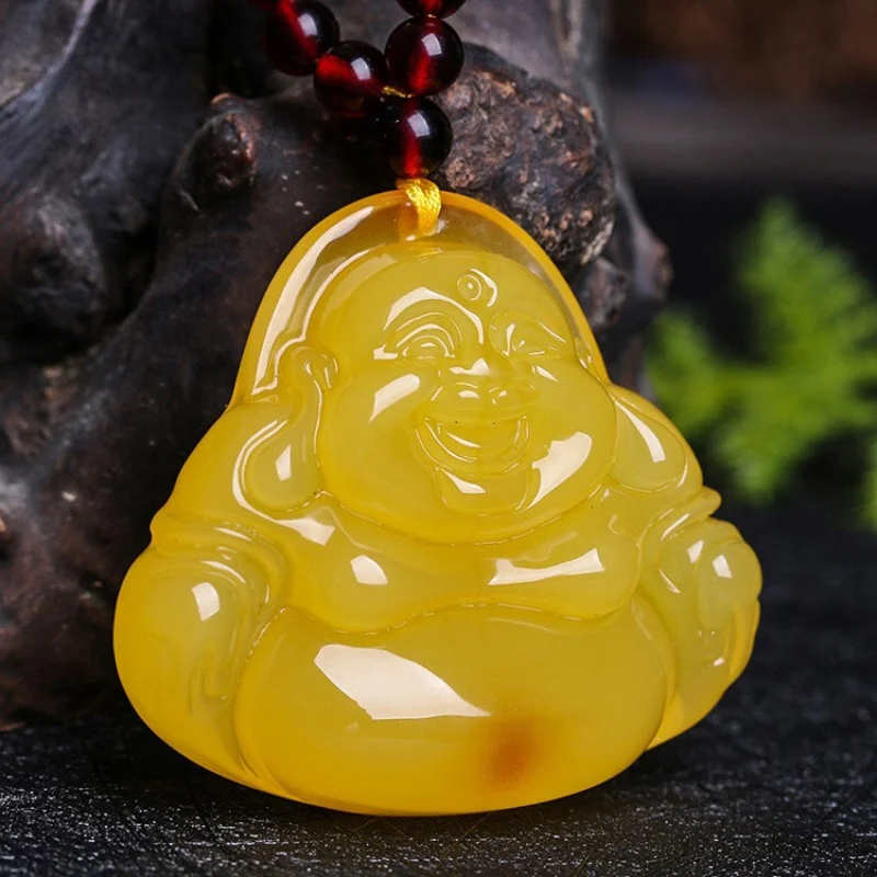 

Second Generation Amber Rough Stone Beeswax Pendant Maitreya Buddha Yellow Chicken Grease Pendant Fluorescent Floating Salt Wate