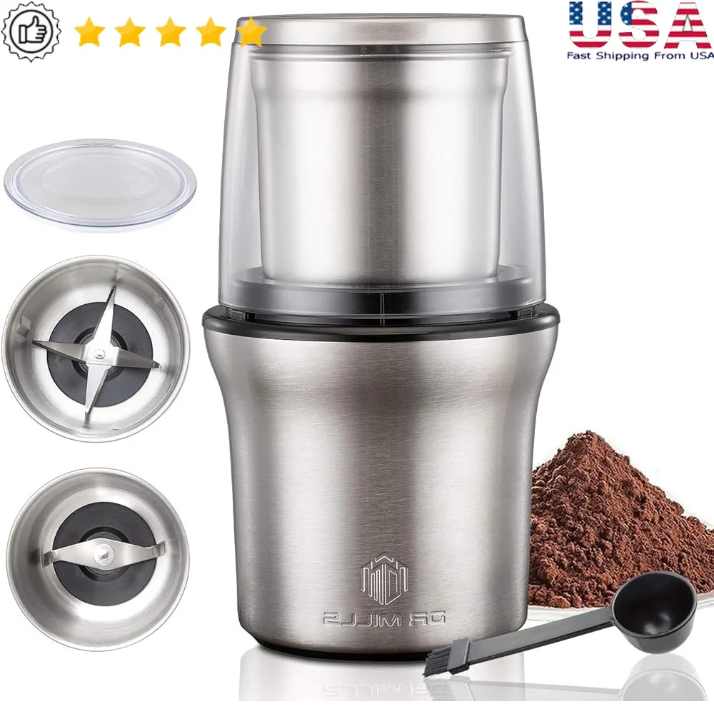 Stainless Steel Electric Spice and Coffee Grinder 2 in 1 Wet Dry Cup Dishwasher Safe Non-Slip Overheat Protection User-Friendly
