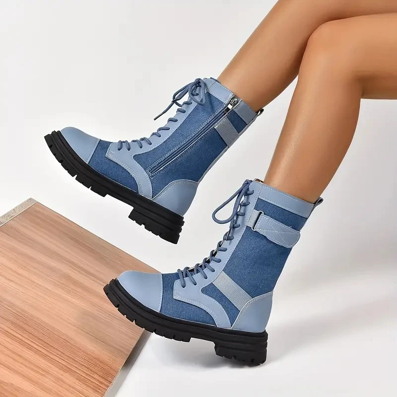 Aphixta Retro Lace Up Women Boots Side Zip Modern Boots Women Boots Blue 4CM Square Heel Lady Footwear Shoes botas mujer botines