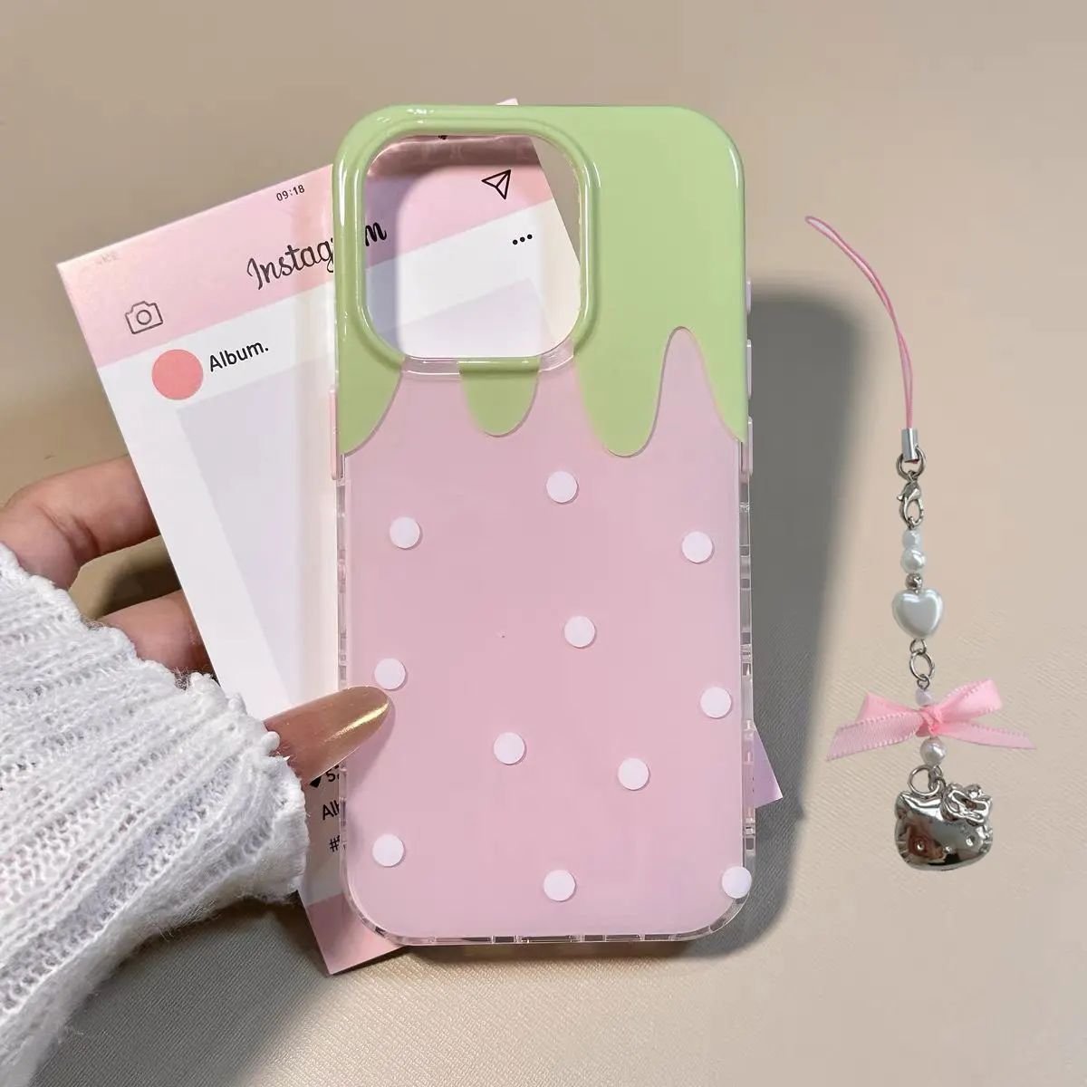 Korean Pink Cute Strawberry Polka Dot Bow Phone Case - Y2K Style Cover