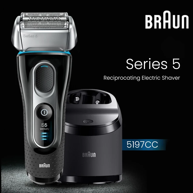 Original Braun 5197CC Electric Shaver Series 5 Reciprocating Men Razor  Waterproof Auto Clean with Trimmer for Men Safety Shaving