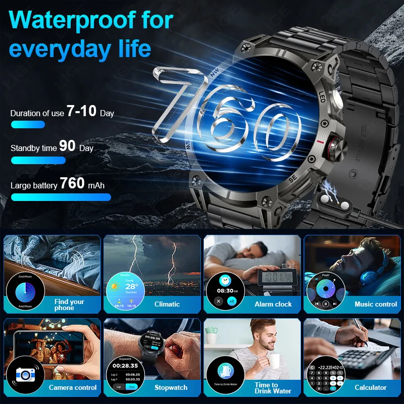 LIGE Super Durable 700mAh Large Battery Adult Mature Men Smart Watch Waterproof SmartWatch GPS Sports Tracker LED Flashlight Run 6