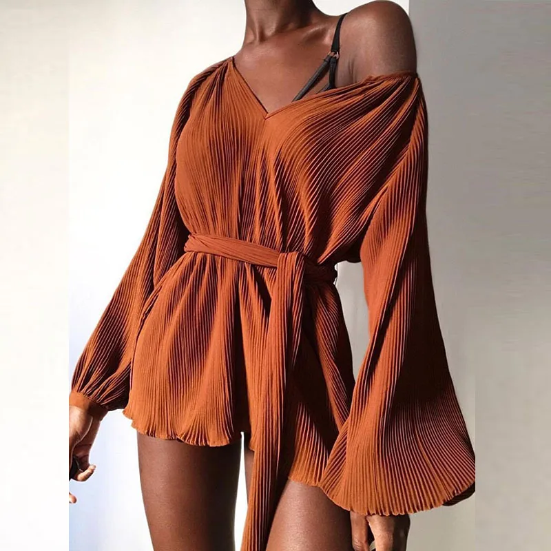 

Sexy Deep V-neck Lace-up Short Jumpsuit Women Casual Long Sleeve Solid Color Romper 2023 Elegant Pleated Loose Playsuit Overalls