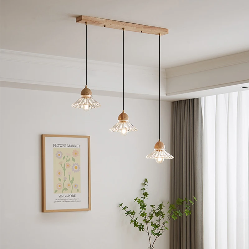 

Modern Wooden LED Glass Pendant Lamp Japanese Hanging Light Nordic Lustre for Kitchen Dining Room Cafe Home Decor E27 Chandelier