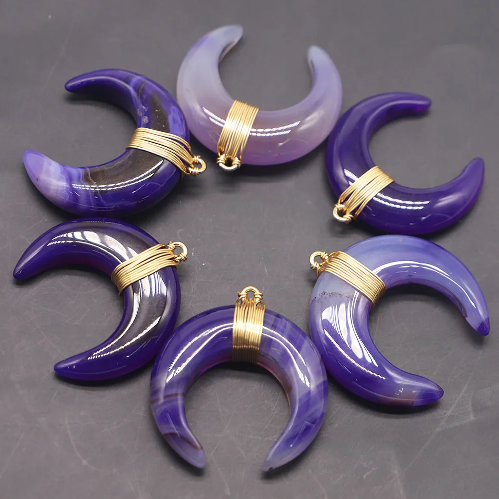 New Natural Stone Blue Agate Bull Horn Ciondolo Crescent Moon Collana Healing Charms Accessori Per Gioielli Di Moda All'Ingrosso 4 Pezzi