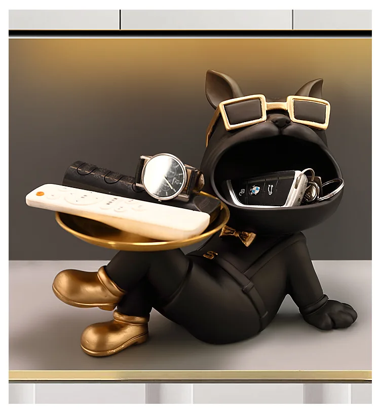 Bulldog Resin Figurine Ornament, Big Mouth Dog with Storage Tray, Candy, Key Storage Container Ornament, Tabletop Figurine