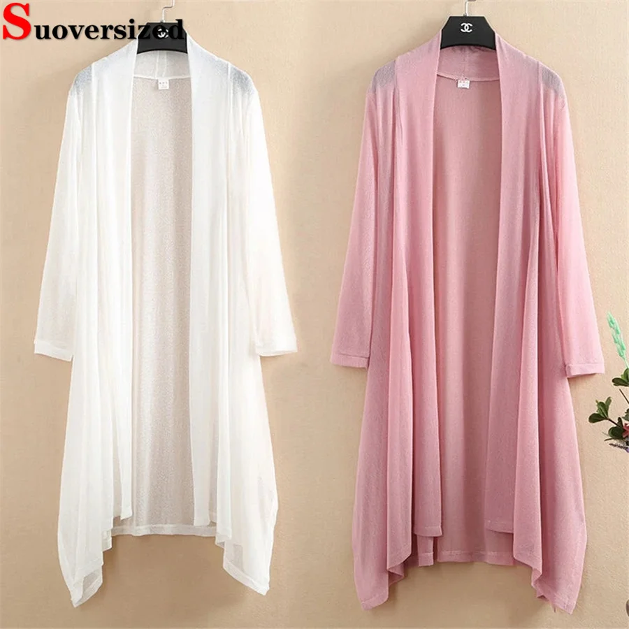 

New Size 5XL Knitted Ice Mesh Sun Protection Open Top Ropa Sleeveless Mid length Summer Shawl Long Sleeve Korean Holiday Knit