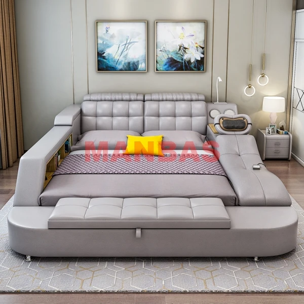 King/Queen Size Tech Smart Bed Ultimate Camas Multifunctional TATAMI Massage Beds Genuine Leather Upholstered Bed with Audio