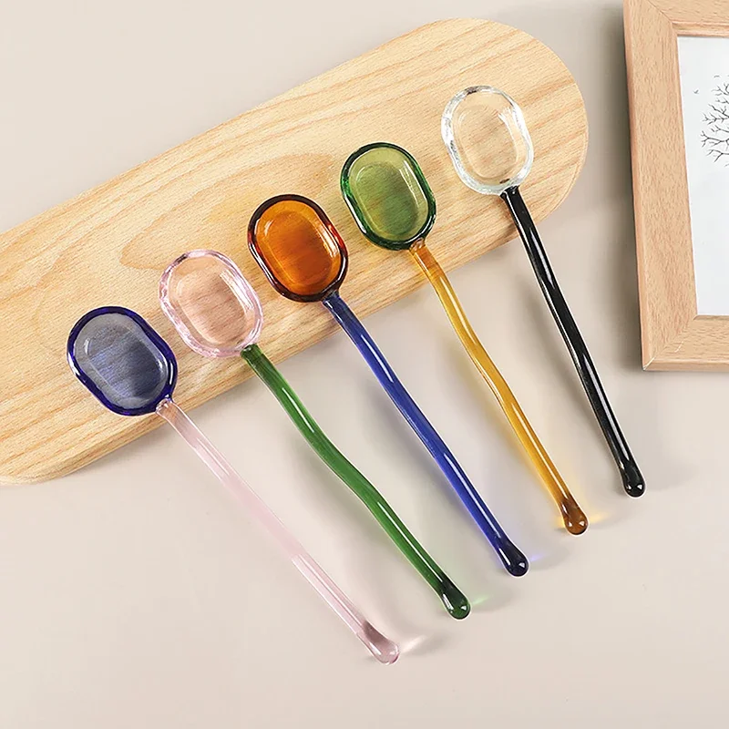 Creative Glass Dessert Spoon Colored Transparent Coffee Dessert Stirring Spoon Long Handle Spoon Kitchen Tableware