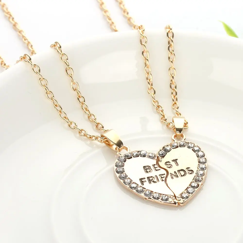 2PCS Fashion Rhinestone Silver/Gold Plated Heart Pendants Crytral Friendship Bff