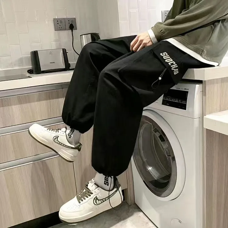 

2023Men's Ice Silk Casual Trousers Summer Quick-Drying Gym Sports Pants Thin Solid Color Fashion Pocket Casual Straight Pantalon