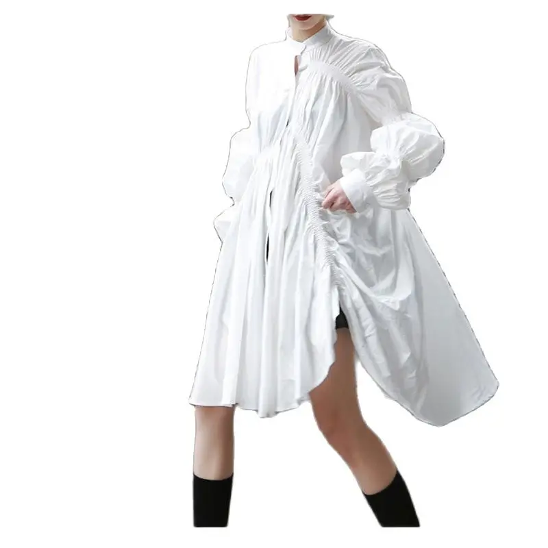 

Yifsion Womens Irregular Pleated Lantern Sleeves Large Swing Shirt Loose Oversize Black White