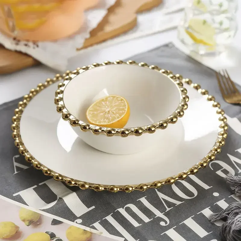 White Ceramic Dinnerware Home Set Hotel Round Plates Dinner and Soup Bowls Salad Wedding Party Dishes Serving with Gold Rim