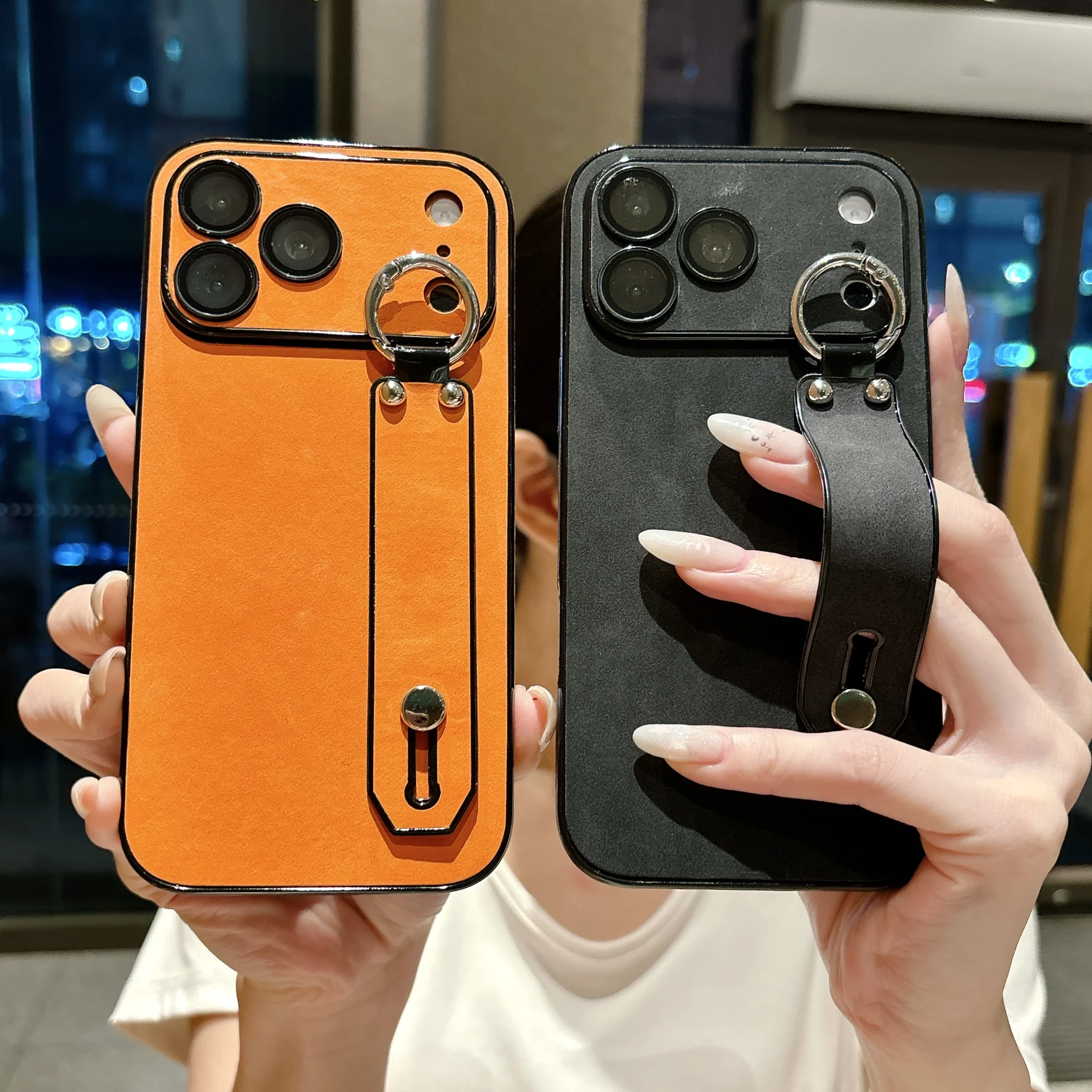 Luxury Matte Sheepskin Leather Phone Case with Bracket and Wrist Strap