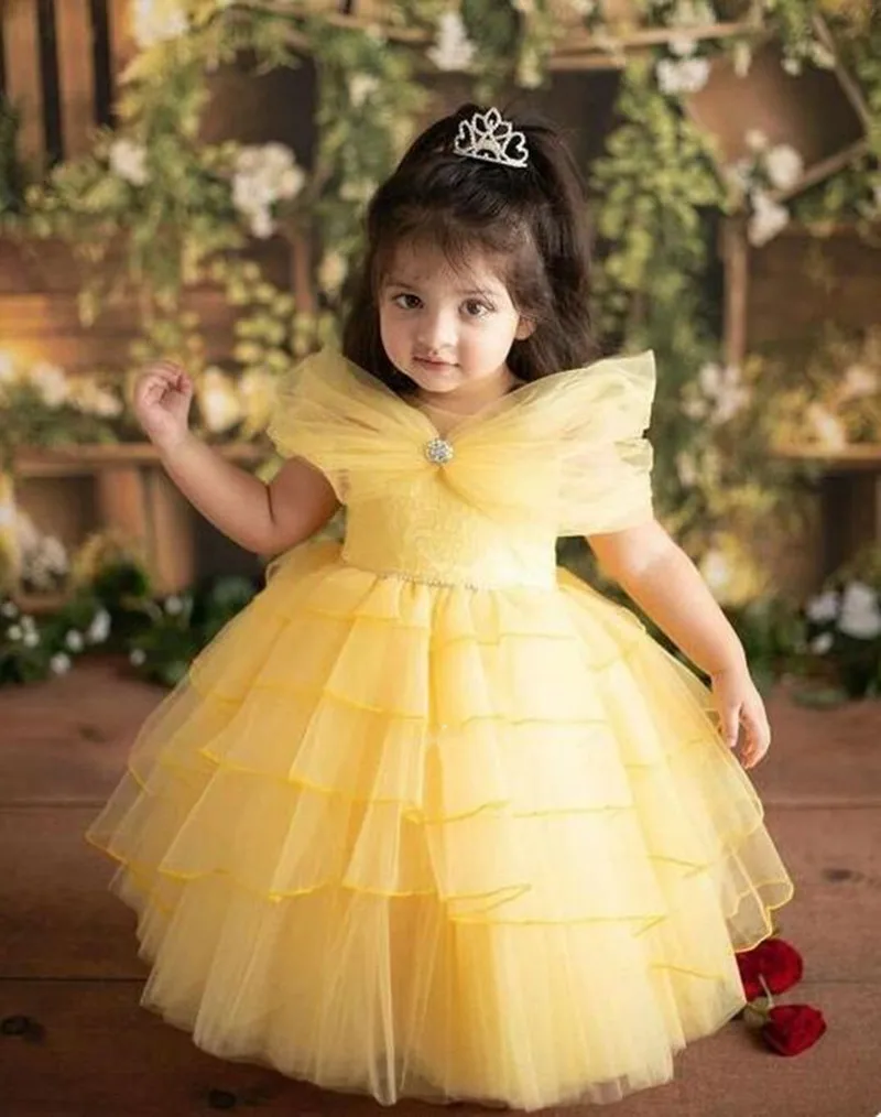 

Customized Flower Girl Dress for Wedding Tiered Yellow Tulle Kid Birthday Party Gown First Communion Dress Kid Size 1-16T