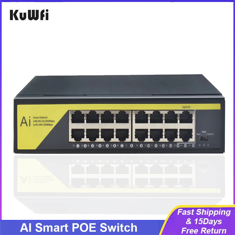 Kuwfi-rede Siwtch Ethernet Switch 48v Poe 16 Port 10 Mbps 100mbps para Câmera ip ap sem Fio Câmeras Cctv Ieee802.3at af