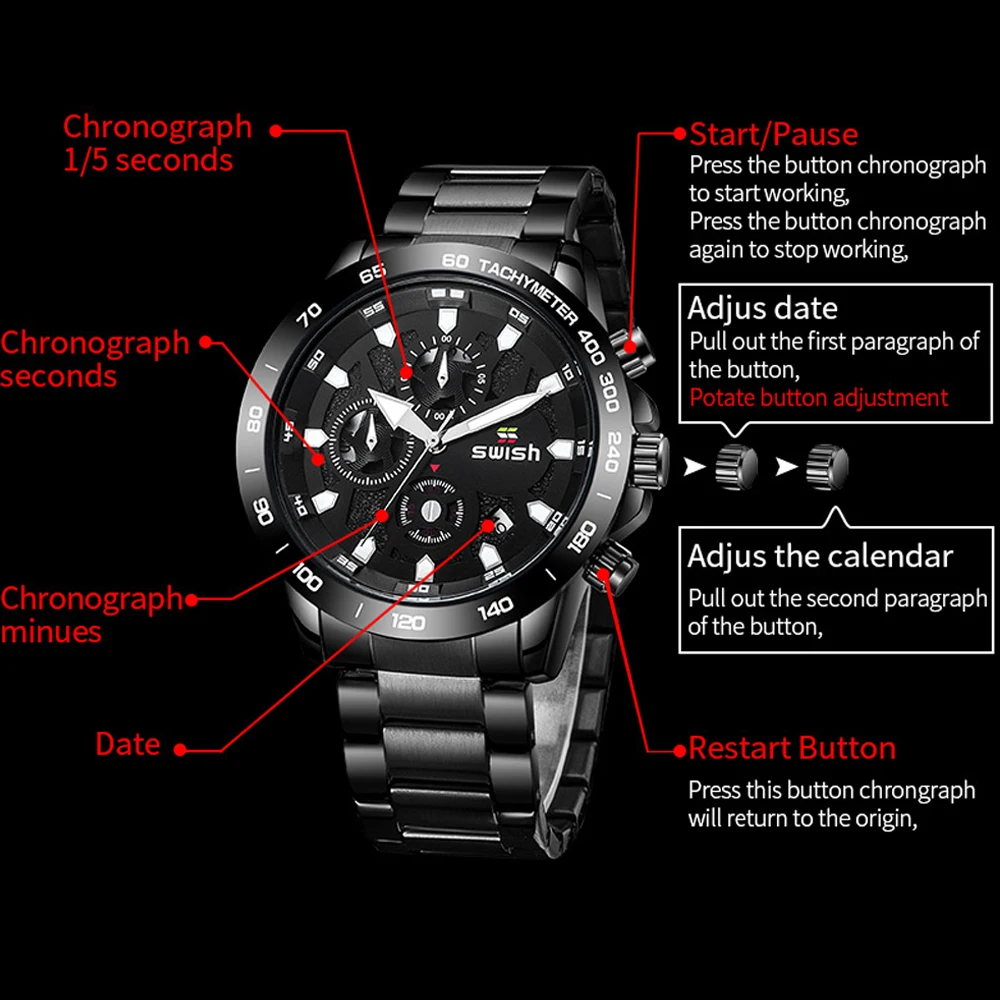 SWISH Men's Watches Two Tone Gold Business Quartz Watch for Man Waterproof Luminous Stainless Steel Wristwatch Male Date Week