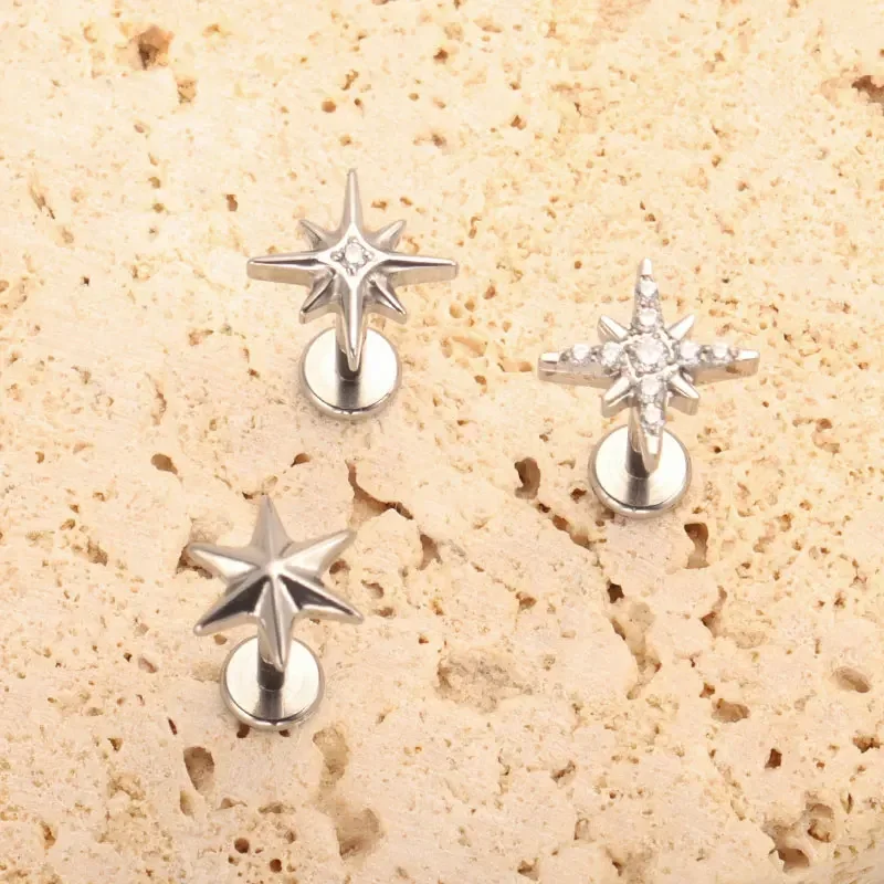 ASTM F136 티타늄 16G 내부 스레드 스파클링 CZ 노스 스타 스터드 귀걸이 Labret 연골 Tragus Helix Conch Lobe Piercing