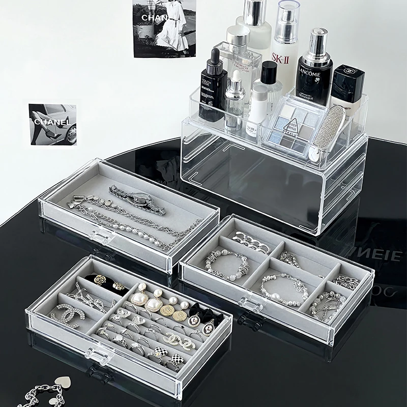 Plastic Jewelry Box Transparent Velet Ring Necklace Earrings Jewelry Box Organizer Bracelet Tray Display Trinkets Drawer Storage