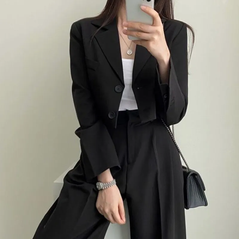 Women Casual Blazer Pants Office Lady Long Sleeve Short Tops Jacket High Waist Wide Leg Long Trouser Suit Female Fashion Outfit women summer bohemian floral set v neck puff sleeve short tops high waist pleated wide leg long pants two pieces suits