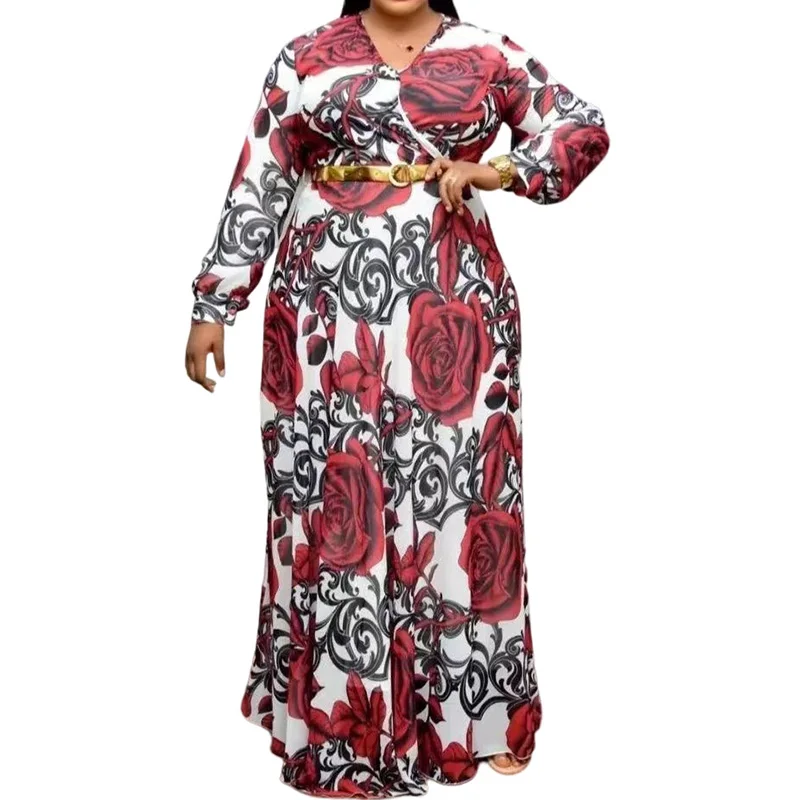 Plus Size Women's Clothing Plant Flowers Printing Robe Femme Spring Autumn Casual V-Neck Sashes Long Sleeve Loose Maxi Dresses