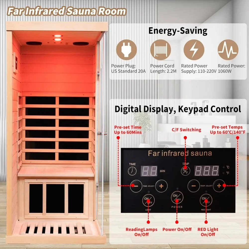 Far Infrared Sauna Room, 1 Person Sauna, 060W Indoor Sauna, 1 Bluetooth Speakers, 1 LED Reading Lamp Hemlock Wood Sauna Room 3