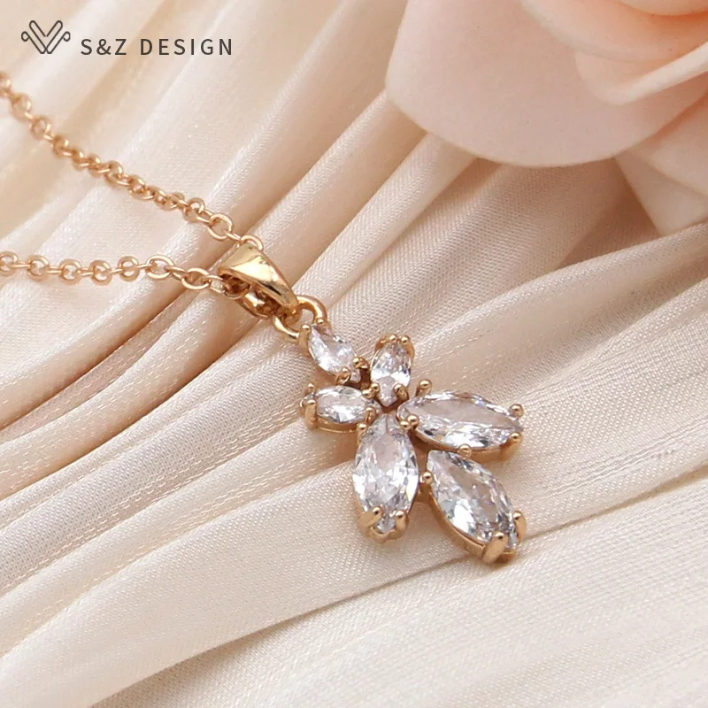 S&Z DESIGN New Fashion Flower Cubic Zirconia Orchid Pendant Necklace For Women Champagne Gold Color Collarbone Chain Jewelry