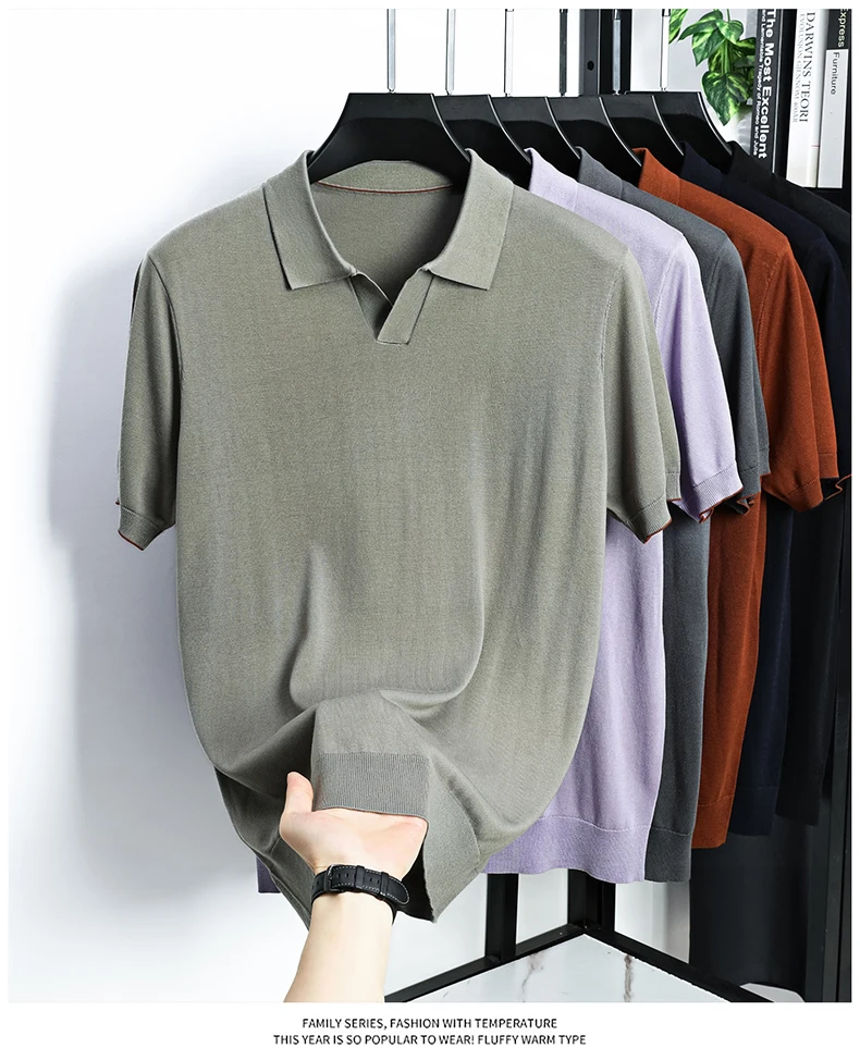 100% Lyocell Knitwear 2025 Men Spring Summer Trendy Turn Down Collar Knit Tees Short Sleeve Breathable Knit Tops
