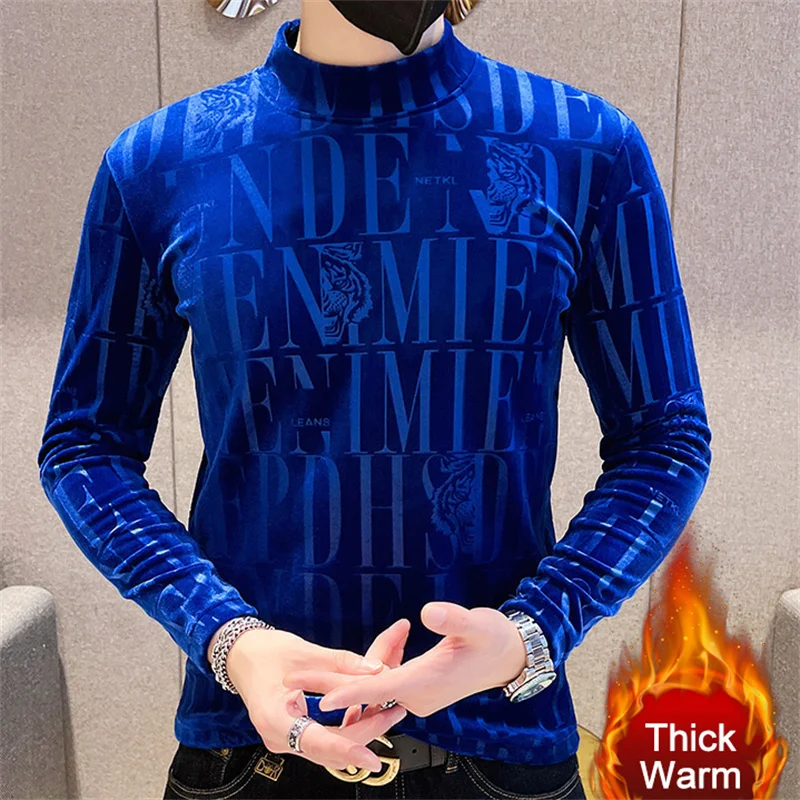 

2023 Fall Golden Velvet Letter Print Half urtleneck Club Outfits shirt Men Casual T Shirt Homme Royal Blue