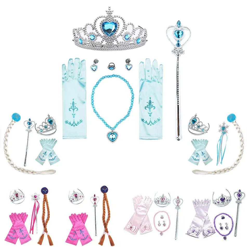 Princess Accessories Anna Elza Accessories Set Snow Queen Magic Wand Crown Necklace Princess Gloves Kids Girl Party