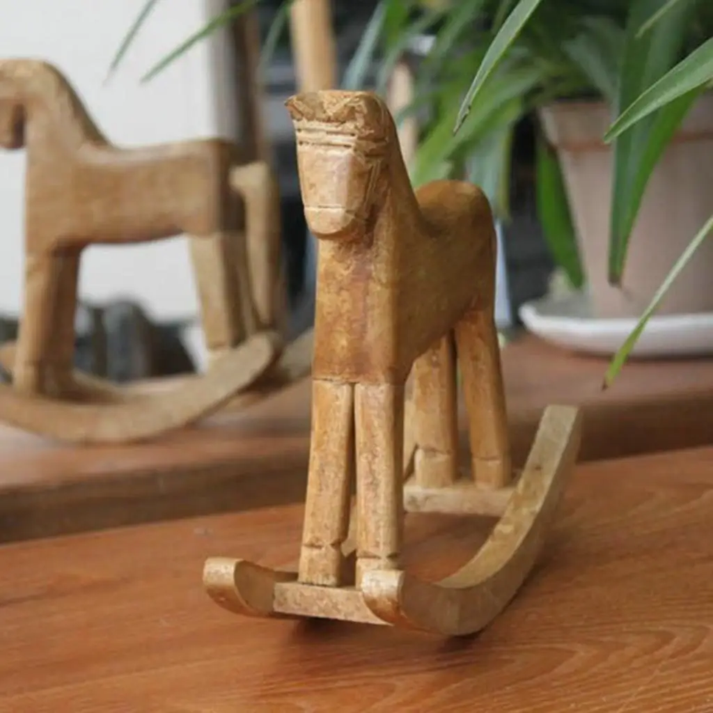 Vintage Style Wood Rocking Horse Animal Decoration Wood Carved Craft White Horse Figurines Home Decor