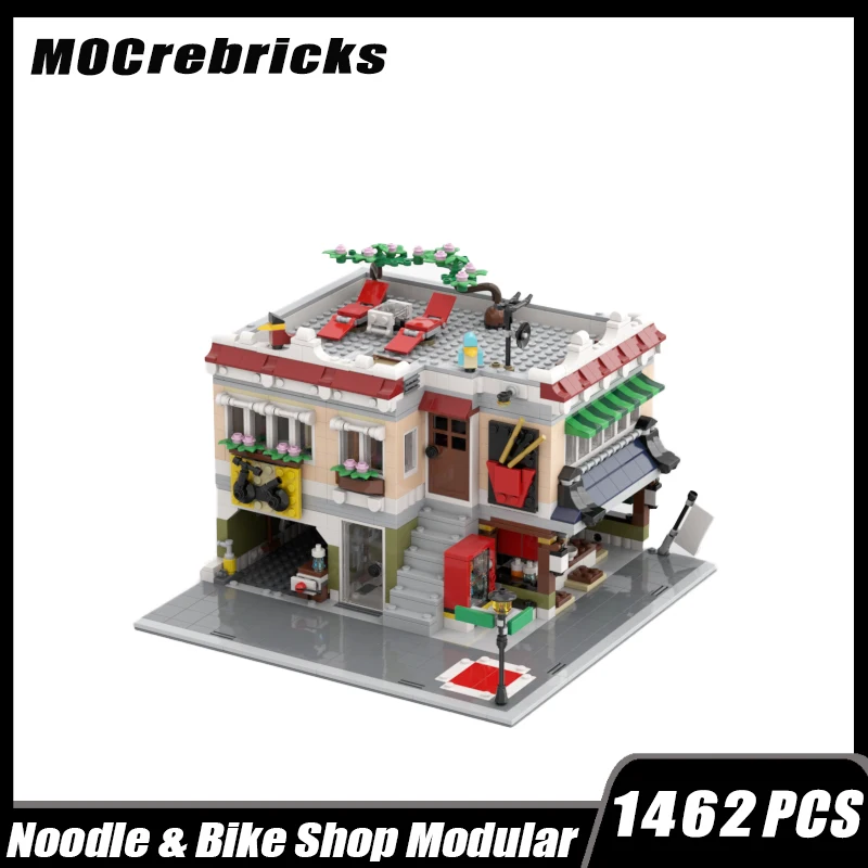 Moc-118209 City Street View Noodle & Bike Shop Modulare Building Block Assembly Model Toy Bambini Regali Di Natale