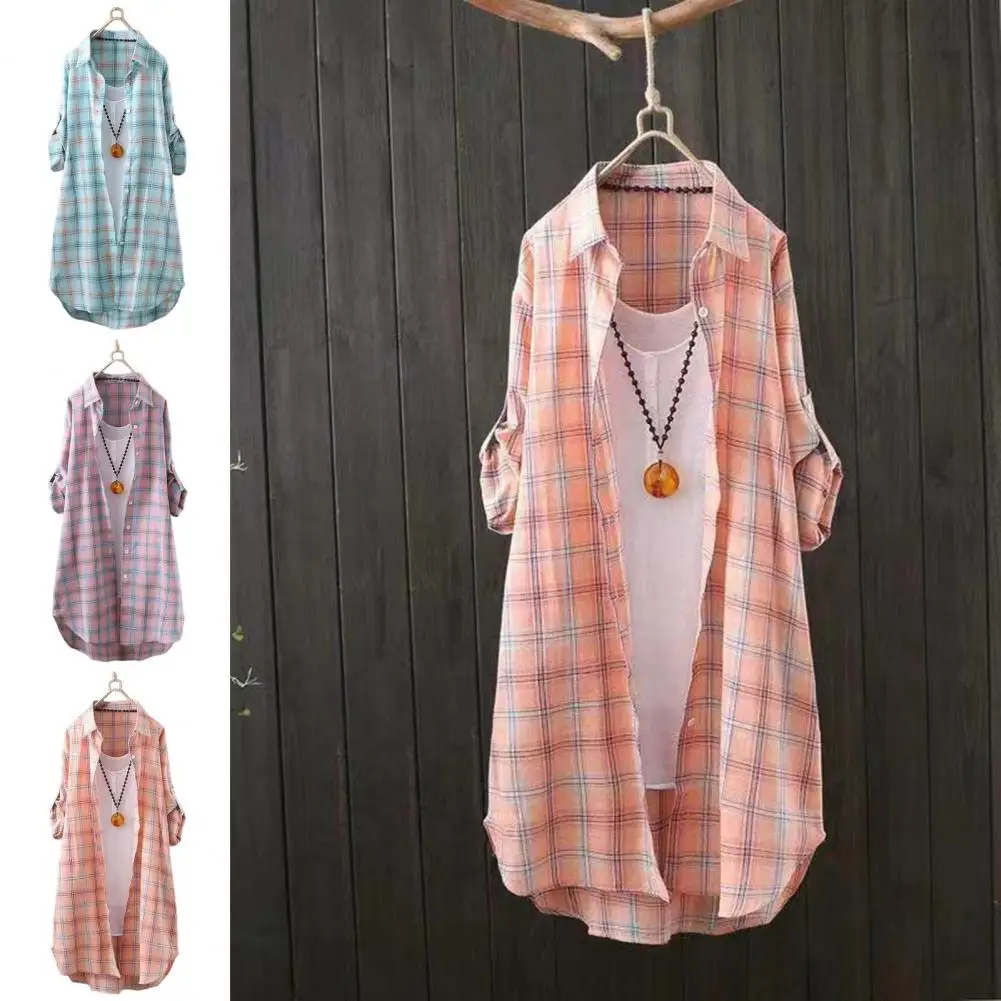 

Mid-length Shirt Plaid Print Lapel Shirt Coat for Women Long Sleeve Single Breasted Outwear Mid-length Spring Autumn Shirt Soft
