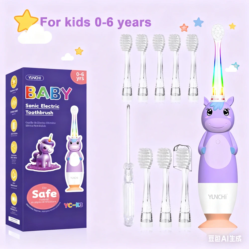윤치 용 전동 칫솔 어린이용 전동 칫솔 컬러풀 LED 라이트 배터리 구동 9개의..