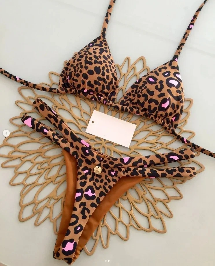 Summer Print Sexy Bikini Sets Halter Lace-up Tops Thongs Beach Style Bathing Suit Y2k Swimsuits Women Beachwear Fashion New