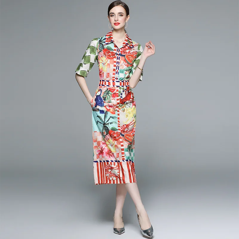 

Spring autumn Pastoral Fashion Shirt Set Women 2023 Vintage Fruit Print Single Breasted Shirt Tops High Waist Half Skirt Sets