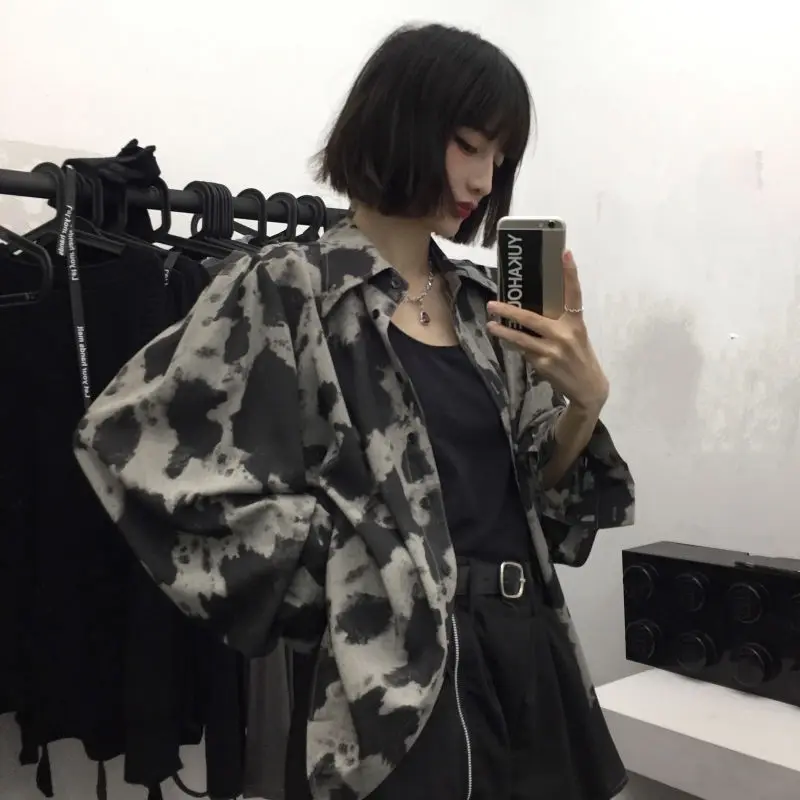 Deeptown Tie Dye Gothic Shirt Women Harajuku Vintage Oversize Streetwear 2022 Punk Long Sleeve Pattern Cardigan Grunge Kpop Chic 2022 woman oem oversize blazers suits coats jacket tailoring overcoat fashion chic elegant new collection stylish clothing korea