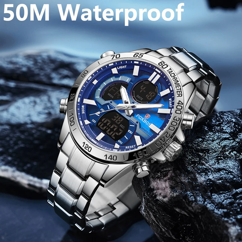 FOXBOX Watches For Men Luxury Brand Digital Chronograph Sport Quartz Wrist Watch Waterproof Military Steel Band Luminous Clock
