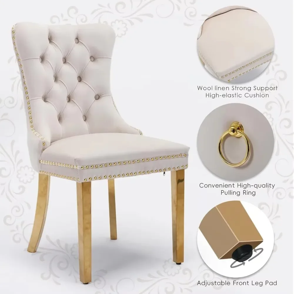 Velvet Upholstered Dining Chairs Set of 2, Nailhead Trim and Gold Plated Leg, Metal Pulling Ring, Modern Style Kitchen Chairs 4