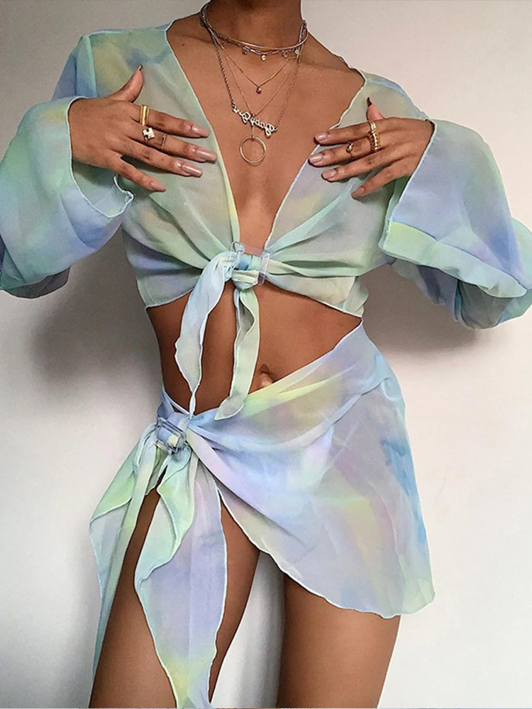 

OMSJ пикантный комплект из двух предметов с принтом Tie Dye, сетчатый кроп-топ, Женская мини-юбка с запахом, пляжная одежда, женский наряд для отпуска, лето 2024