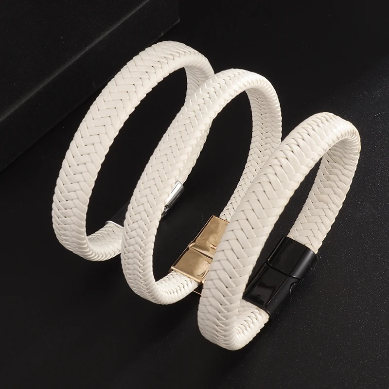 Unisex Trend Bangle Couple Jewelry White Woven Leather Metal Magnetic Button Bracelet