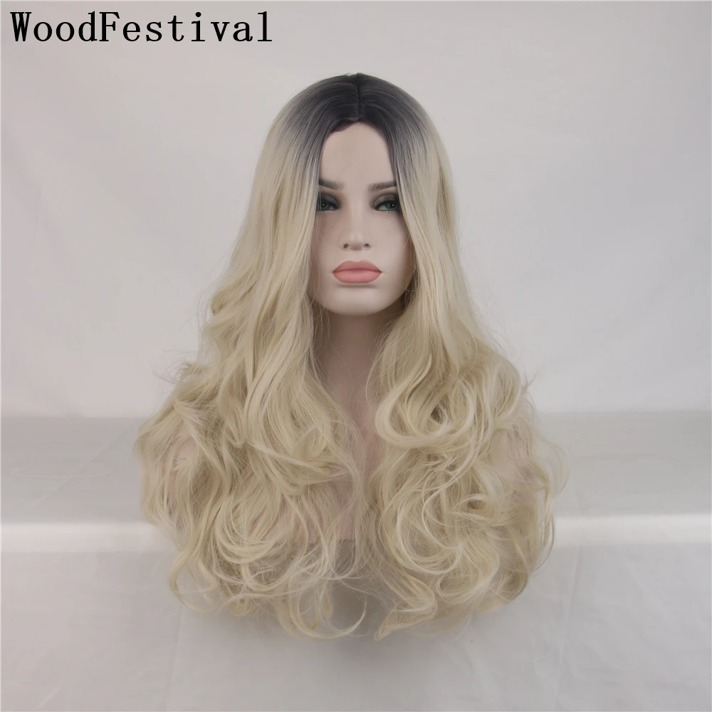

WoodFestival Synthetic Hair Long Wavy Ombre Blonde Wig Cosplay Wigs For Women Pink Blue Black Red Burgundy Brown Green Colored