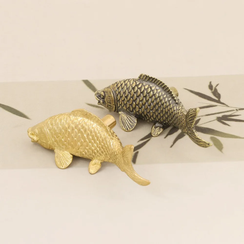 Gold Color Carp Fish Brass Handle Luxury Furniture Hardware Cabinet Door Knobs Retro Single Hole Wardrobe Drawer Pulls Window