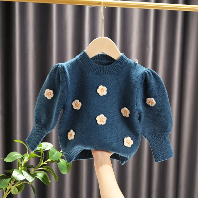 

Autumn Winter Baby Clothes Appliques Sweater Little Girls Pullover Tops Children Versatile Knitwear Nice Flower Clothing