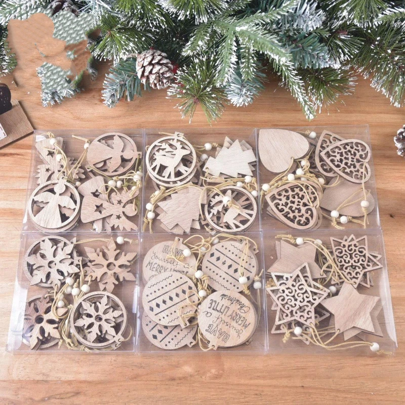 12Pcs Christmas Wooden Hollow Hanging Decoration Christmas Snowflake Elk Pentagram Hanging Decor Home Holiday Christmas Decor