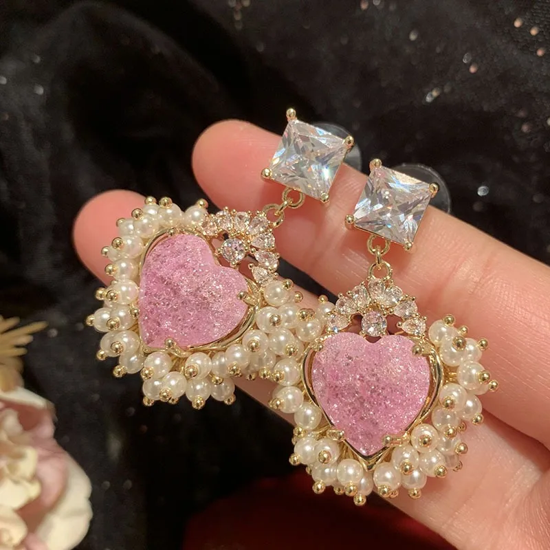 

Pink love fairy candy crack design millet pearl super flash, girl peach heart summer sweet earrings