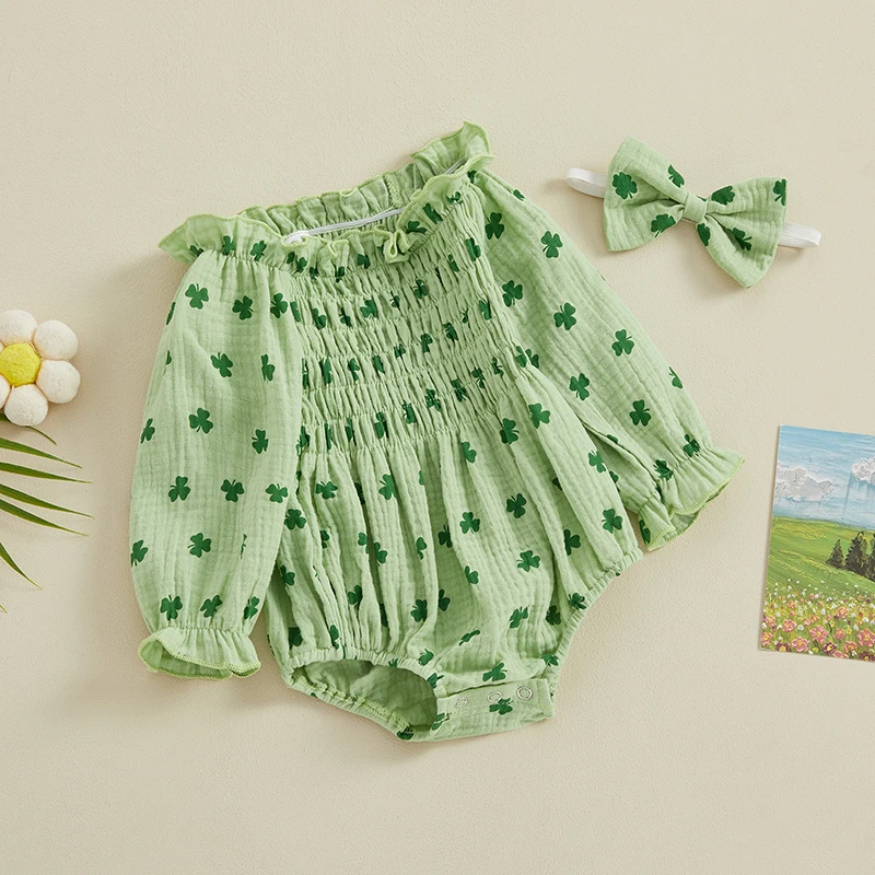 Newborn Girl St Patricks Day Bodysuits Outfit Long Sleeve Off shoulder Shamrock Print Romper with Hairband Baby Jumpsuits 4
